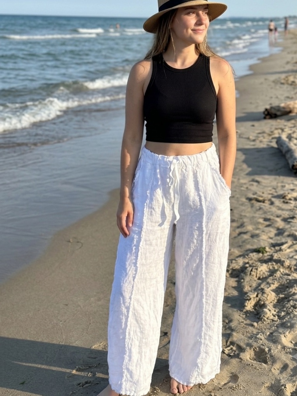 Bella Amore Italy White High Waist Wide Leg Flowy Linen Beach Pants Boho Coast